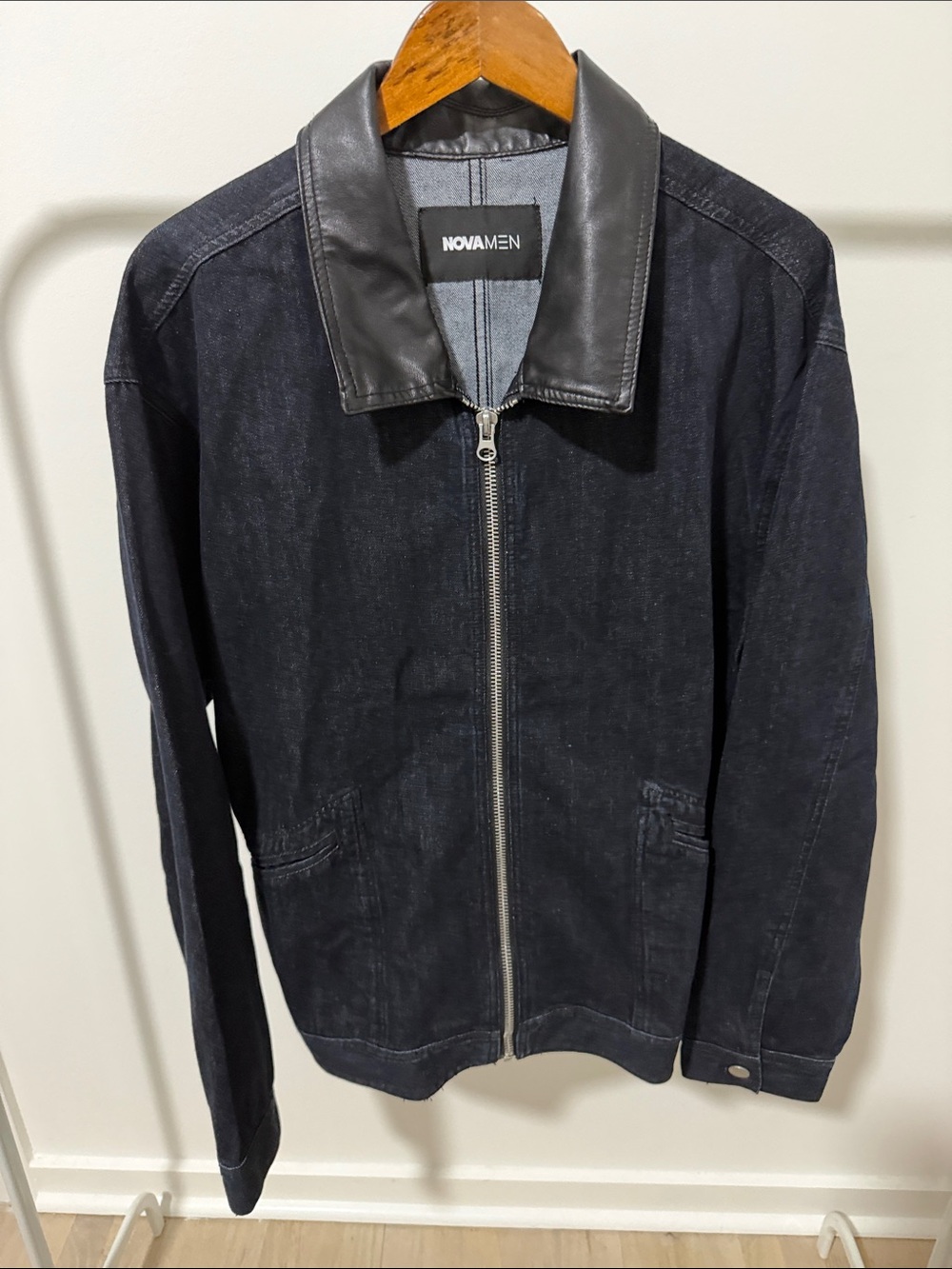 Fashion Nova Men's Black Denim Bomber Jacket with Faux Leather Collar